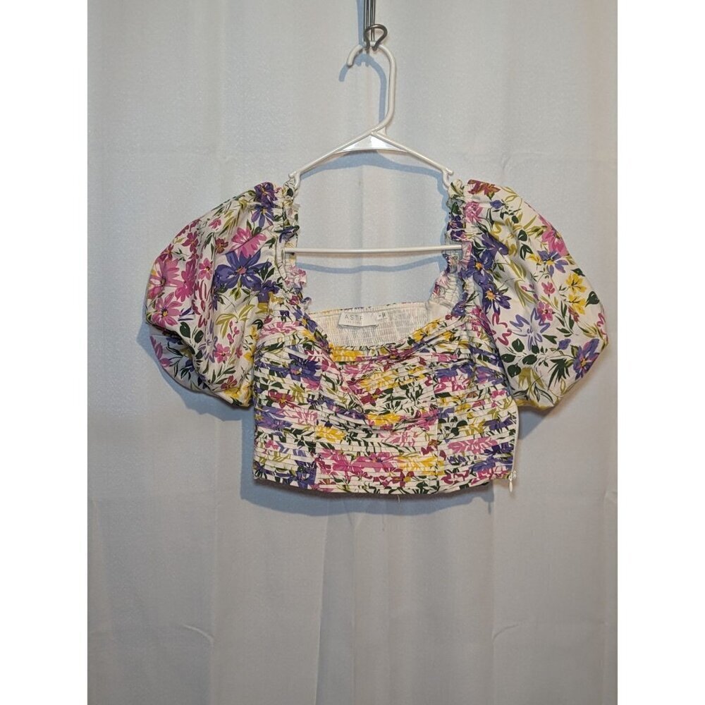 ASTR Shirt Women's S Floral Smocked Puff Sleeve Peasant Boho Blouse Cropped